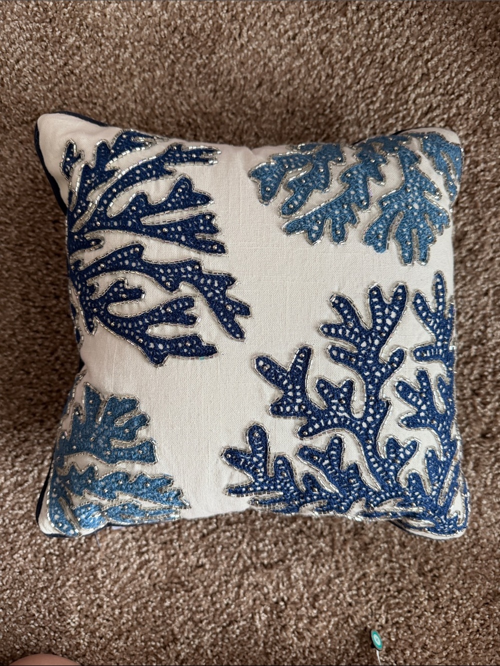 Coastal Blue Coral Accent Pillow with Embroidered Beadwork